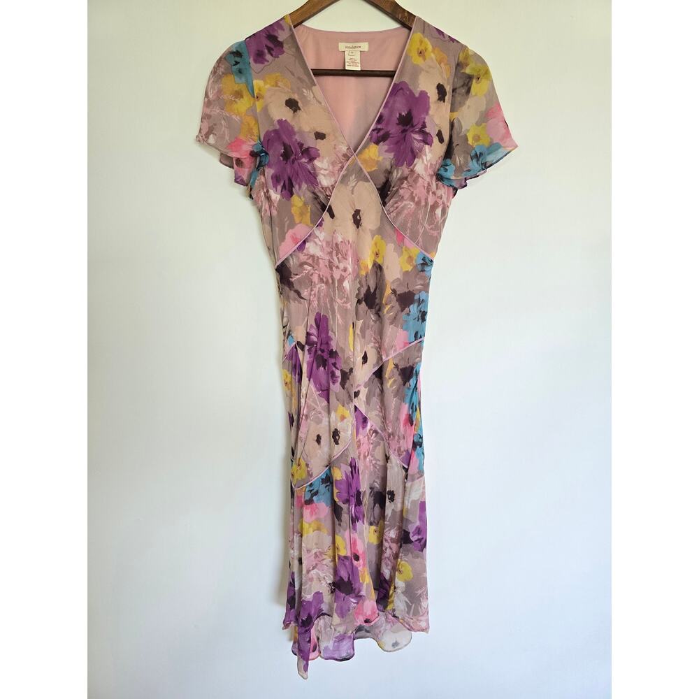 Sundance Silk Floral V-Neck Midi Dress Purple Pink Romantic Size 6
